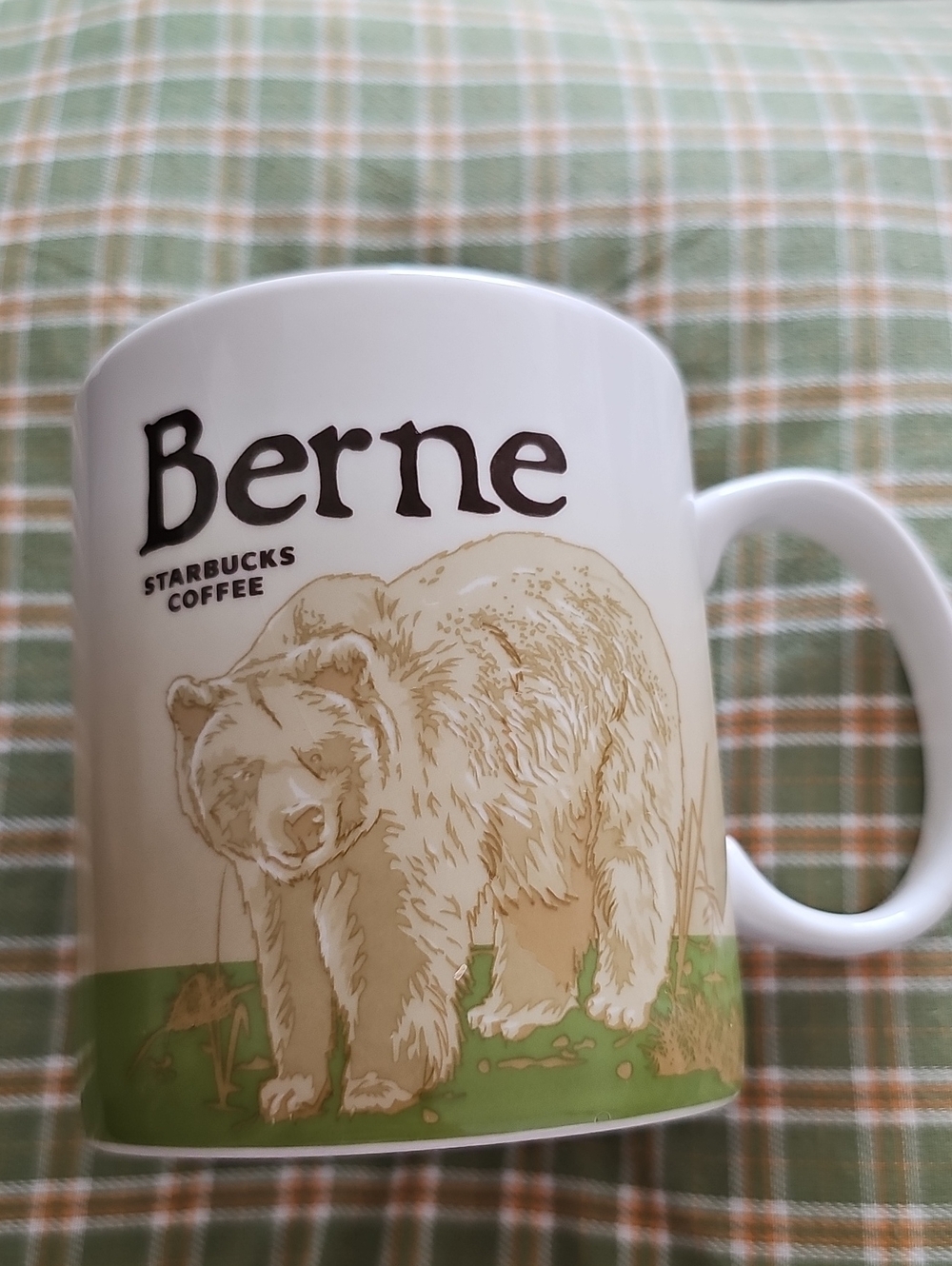Starbucks White Mug with Green Accent and Beige Bear Illustration